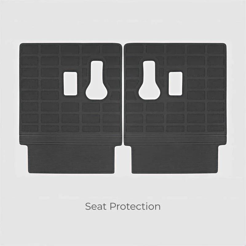 Black heavy-duty rubber seat protection covers for car seats with custom fit cutouts.