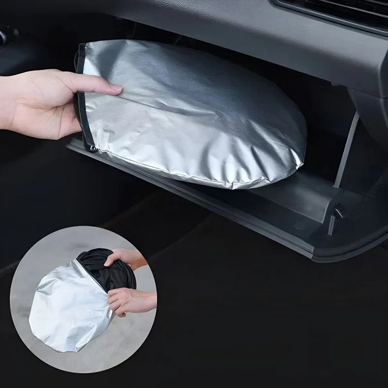 Silver foil insulated storage bag for car glove box, foldable and space-saving design.
