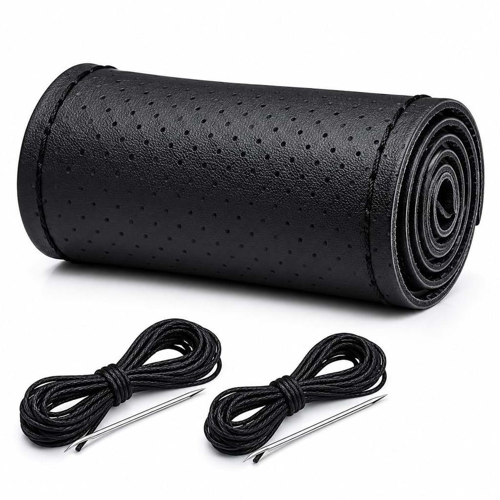 Black perforated leather steering wheel cover roll with stitching thread kit on white background