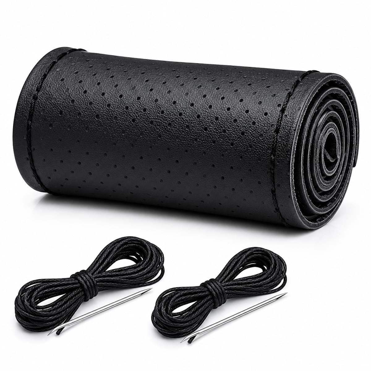 Black perforated leather steering wheel cover roll with stitching thread kit on white background