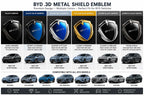 Comparison collage showing BYD 3D metal shield emblem sticker color options including Black Mirror, Black Blue Mirror, Silver Blue Mirror, Yellow Blue Mirror, Silver Black Mirror, and compatible BYD models including Seal, Dolphin, Atto 3, Sealion 6, Sealion 7, Song Plus, Han, and Tang.
