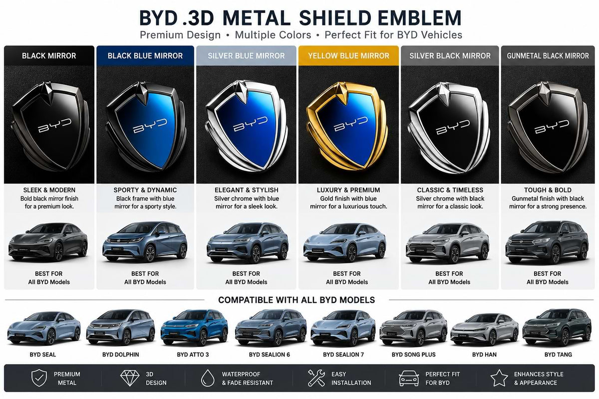 Comparison collage showing BYD 3D metal shield emblem sticker color options including Black Mirror, Black Blue Mirror, Silver Blue Mirror, Yellow Blue Mirror, Silver Black Mirror, and compatible BYD models including Seal, Dolphin, Atto 3, Sealion 6, Sealion 7, Song Plus, Han, and Tang.