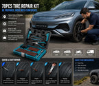 Driver using a BYD 78PCS tire repair kit to repair a punctured tire on a BYD Atto 3, showing step-by-step roadside tire repair and emergency tire maintenance.