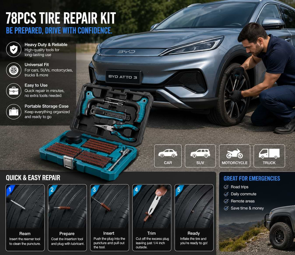 Driver using a BYD 78PCS tire repair kit to repair a punctured tire on a BYD Atto 3, showing step-by-step roadside tire repair and emergency tire maintenance.