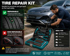 Driver using a BYD 78PCS tire repair kit to repair a punctured tire on a BYD Atto 3, showing step-by-step roadside tire repair and emergency tire maintenance.