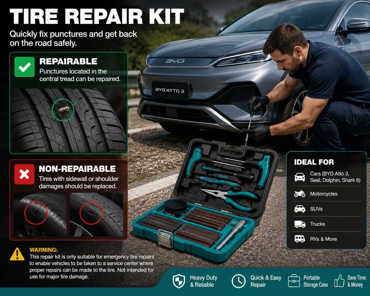 Driver using a BYD 78PCS tire repair kit to repair a punctured tire on a BYD Atto 3, showing step-by-step roadside tire repair and emergency tire maintenance.