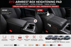 Before and after comparison showing a standard BYD center console armrest versus an upgraded armrest heightening pad with storage pocket and tissue holder.
