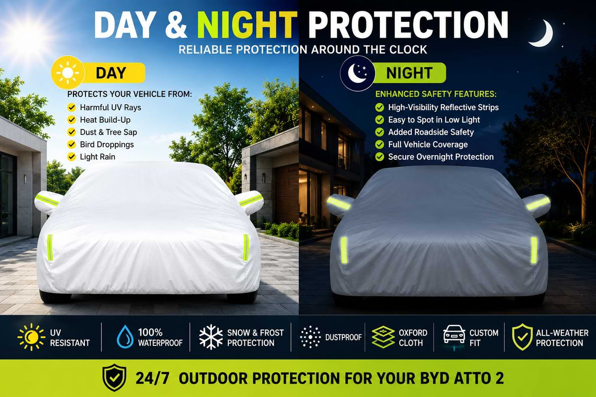 Day and night comparison of the BYD ATTO 2 full car cover showing UV protection in daylight and reflective safety strips at night.