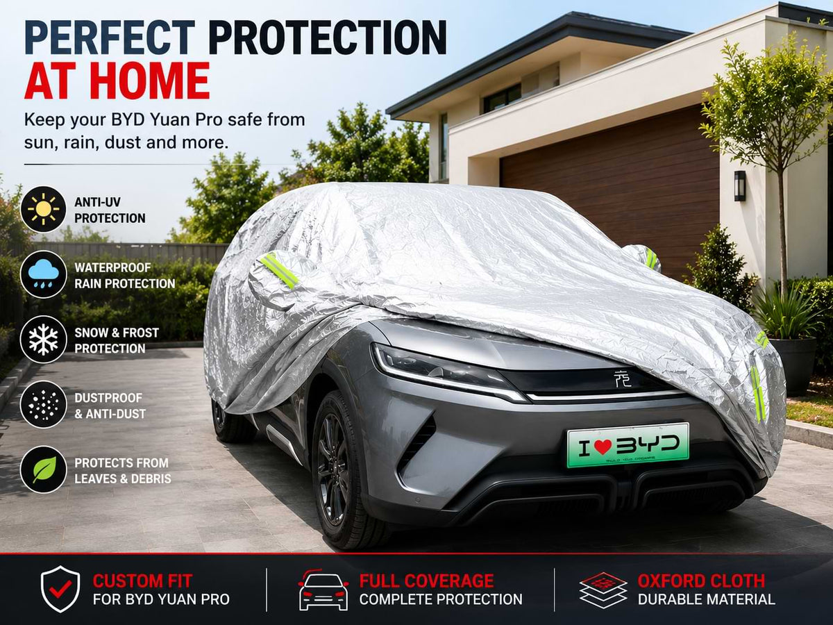 Front view of a waterproof Oxford cloth full car cover for BYD ATTO 2, Yuan Up, and Yuan Pro 2024-2025 with reflective safety strips.