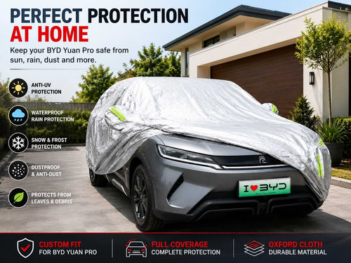 Front view of a waterproof Oxford cloth full car cover for BYD ATTO 2, Yuan Up, and Yuan Pro 2024-2025 with reflective safety strips.