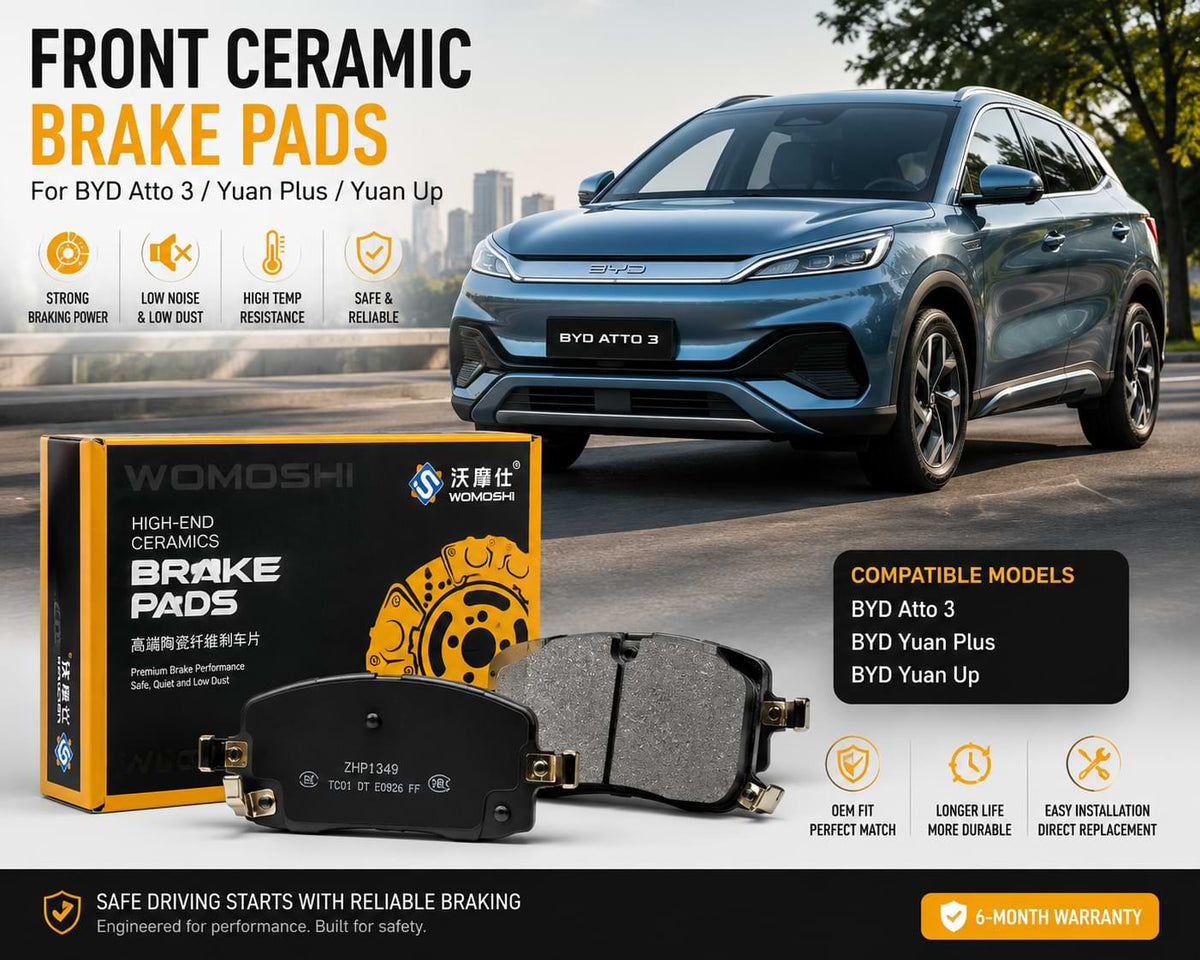 Premium ceramic front brake pads installed on a BYD Atto 3 front braking system with the vehicle displayed in the background, compatible with Yuan Plus and Yuan Up.