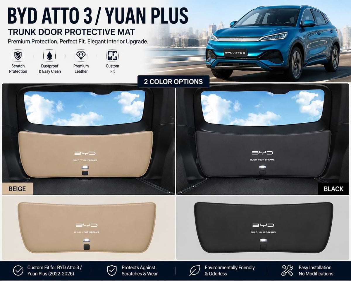 Photo collage showing the BYD Atto 3 trunk door protective mat in black and beige color options installed on the tailgate, alongside the BYD Atto 3 vehicle.