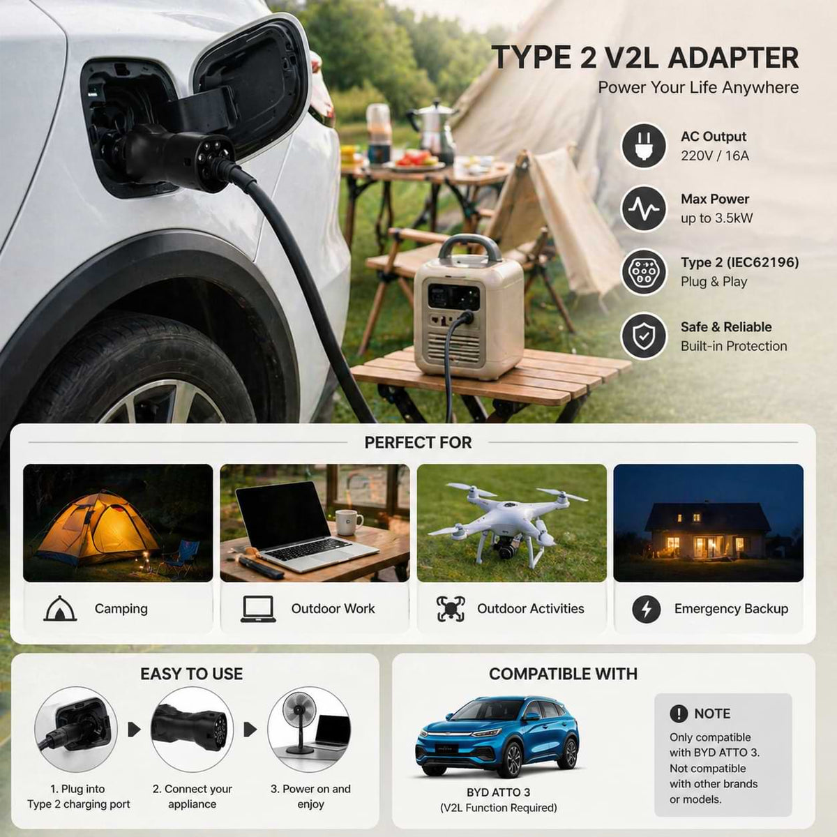 BYD Atto 3 V2L adapter Type 2 220V 16A 3.5kW vehicle to load power output for camping and emergency use