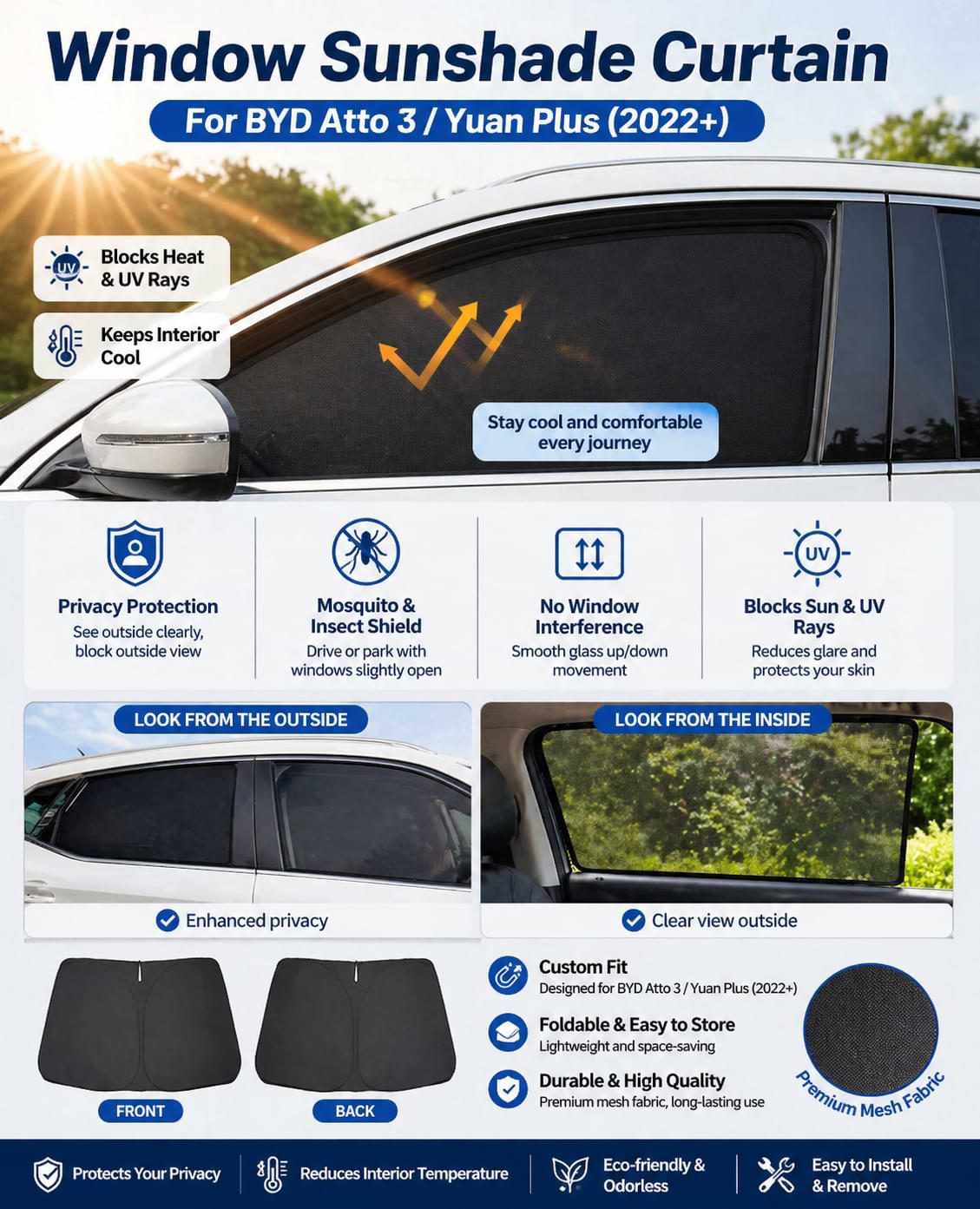 BYD Atto 3 window sunshade curtain installed on rear side window