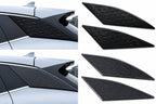 Comparison of black and carbon fiber rear window triangle shutters installed on a BYD Atto 3, showing two finish options for the rear quarter window trim.