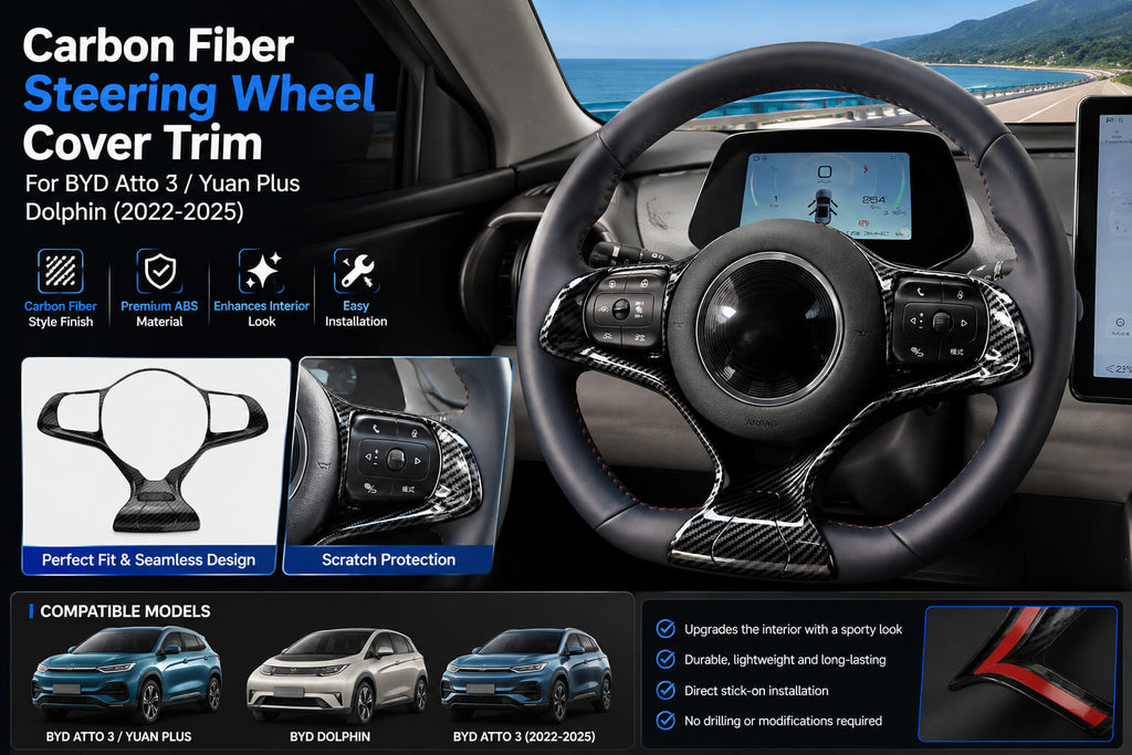 Carbon fiber steering wheel cover trim installed on BYD Atto 3 steering wheel with product view