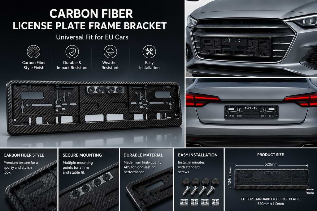 Carbon fiber style license plate frame bracket installed on modern sedan front and rear bumpers with feature infographic