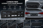 Carbon fiber style license plate frame bracket installed on modern sedan front and rear bumpers with feature infographic