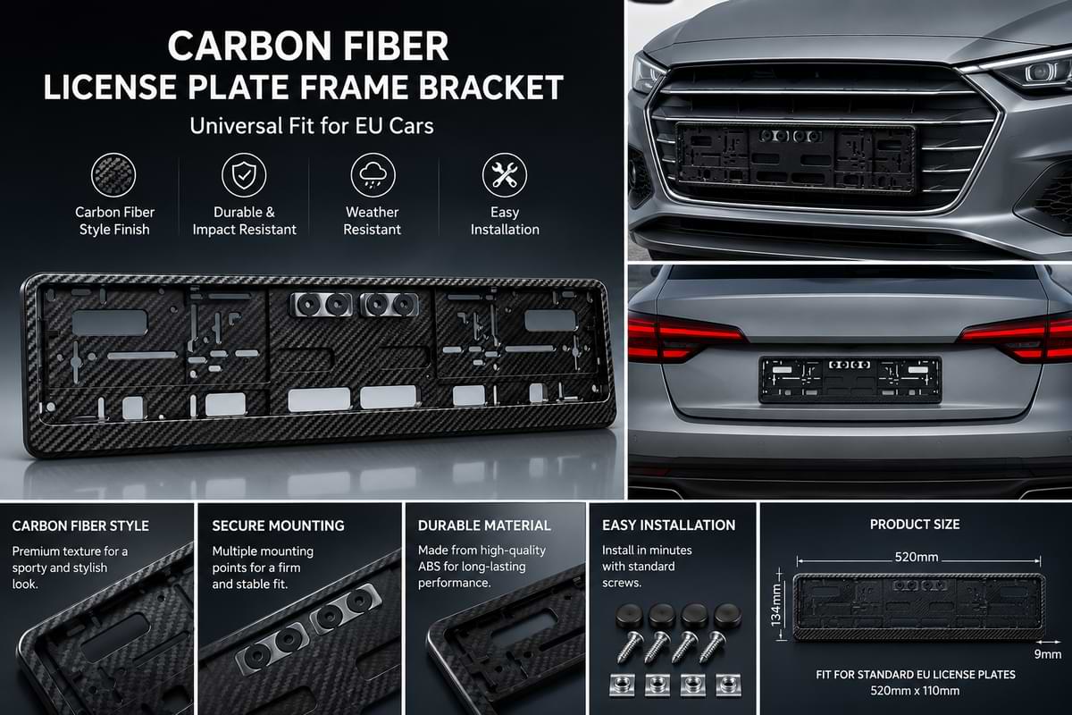 Carbon fiber style license plate frame bracket installed on modern sedan front and rear bumpers with feature infographic