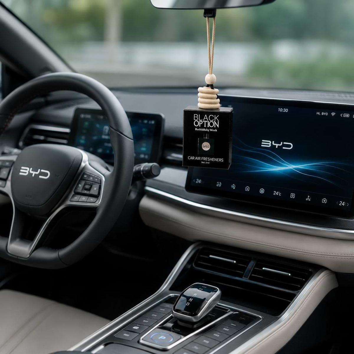 Luxury hanging fragrance air freshener inside a modern BYD car interior