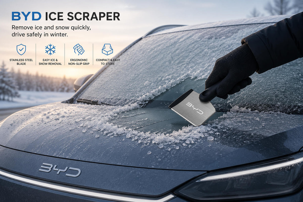 BYD stainless steel ice scraper removing snow and frost from a BYD car windshield during winter with an ergonomic non-slip handle.