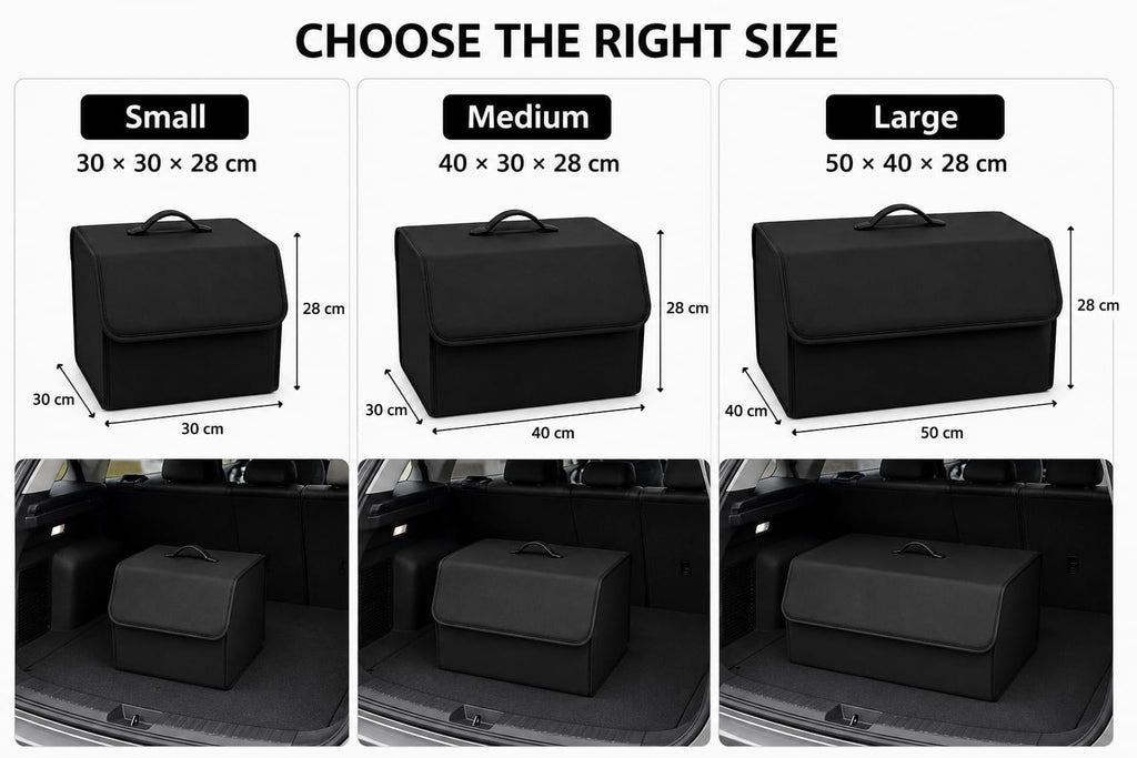 byd Black car seat organizer with size chart and application examples.