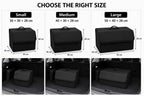 byd Black car seat organizer with size chart and application examples.