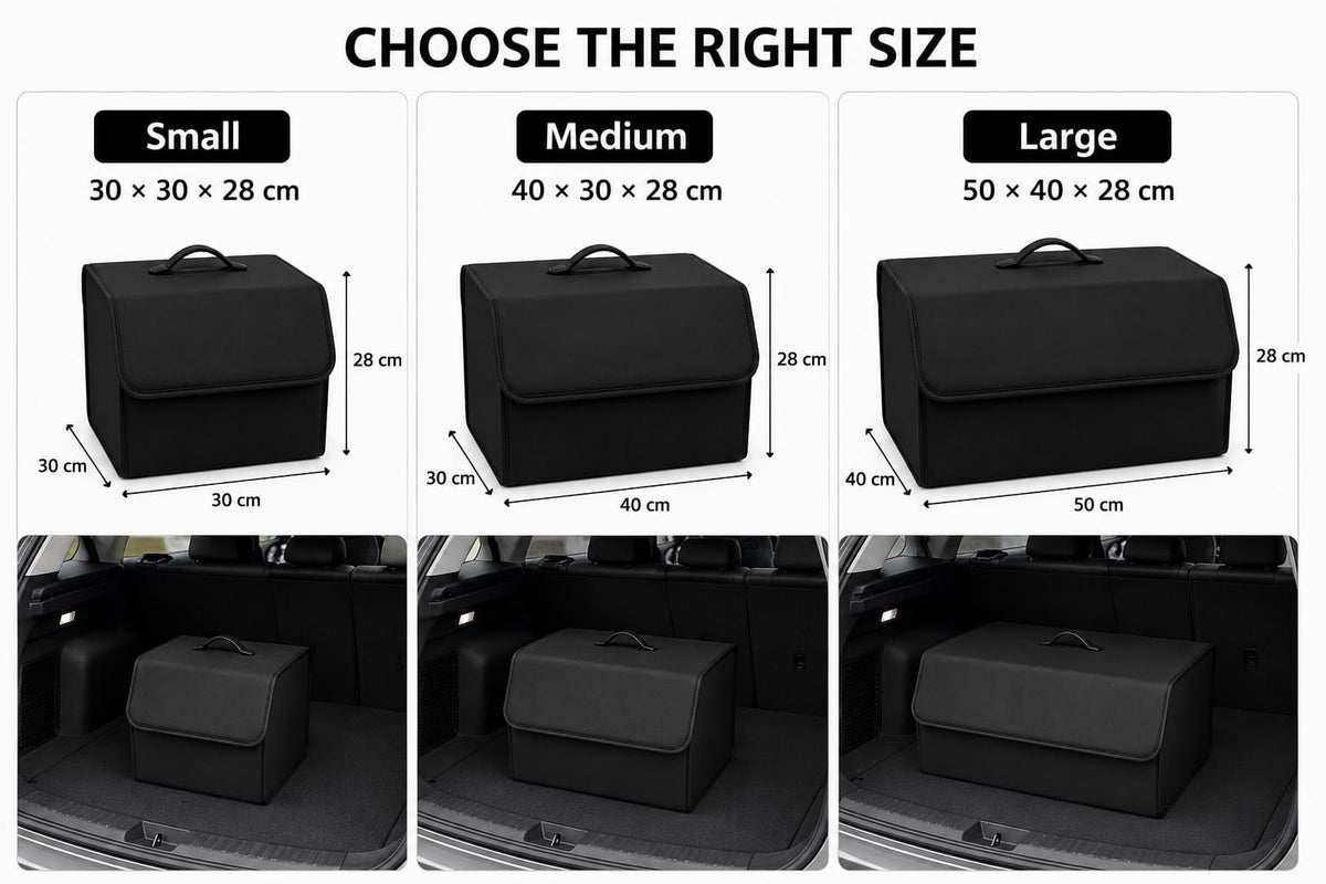 byd Black car seat organizer with size chart and application examples.