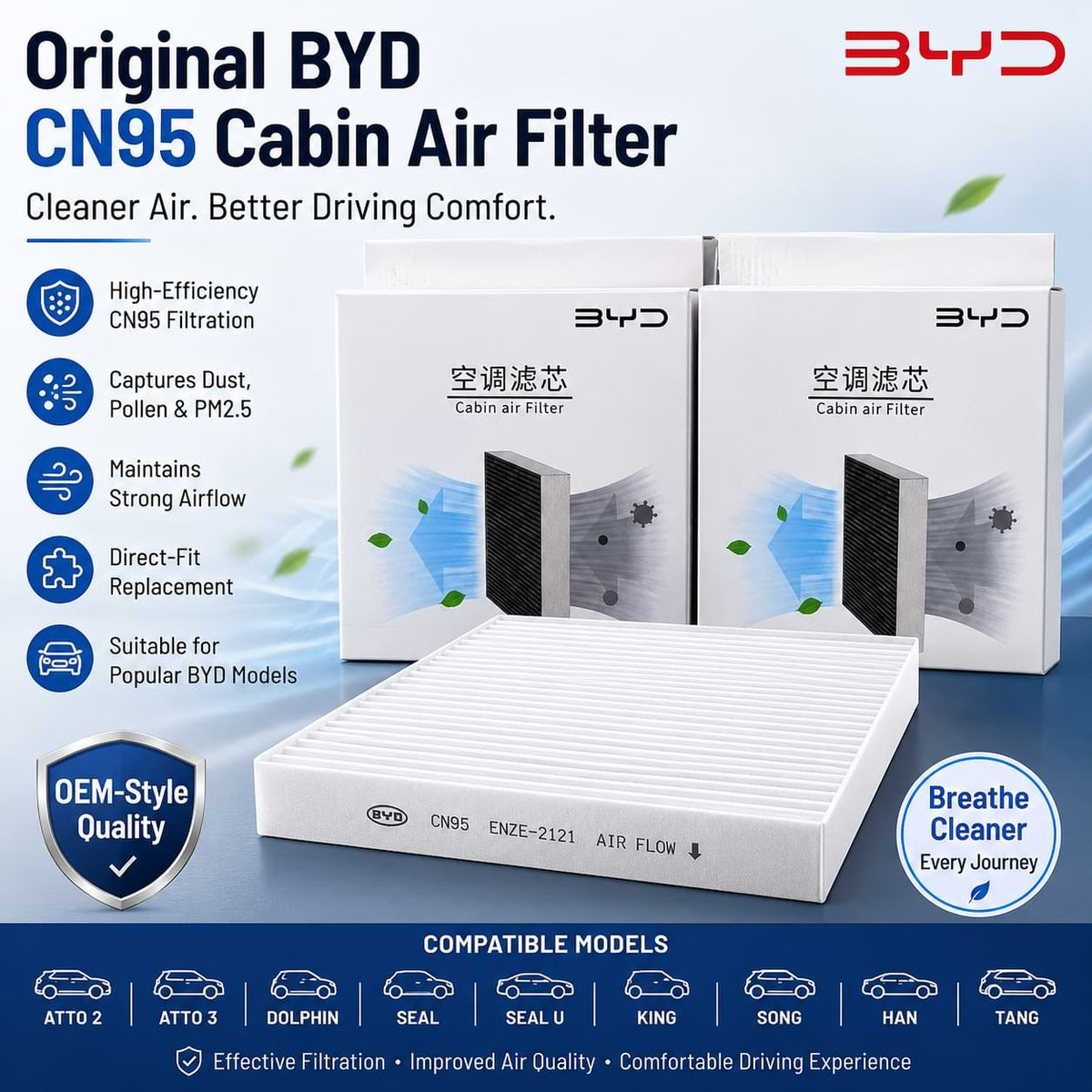 Original BYD CN95 Cabin Air Filter for Atto 2, Atto 3, Dolphin, Seal, Seal U, Song Plus, Song Pro, King, Yuan Up, Han, Tang, Sealion 6 & Sealion 7