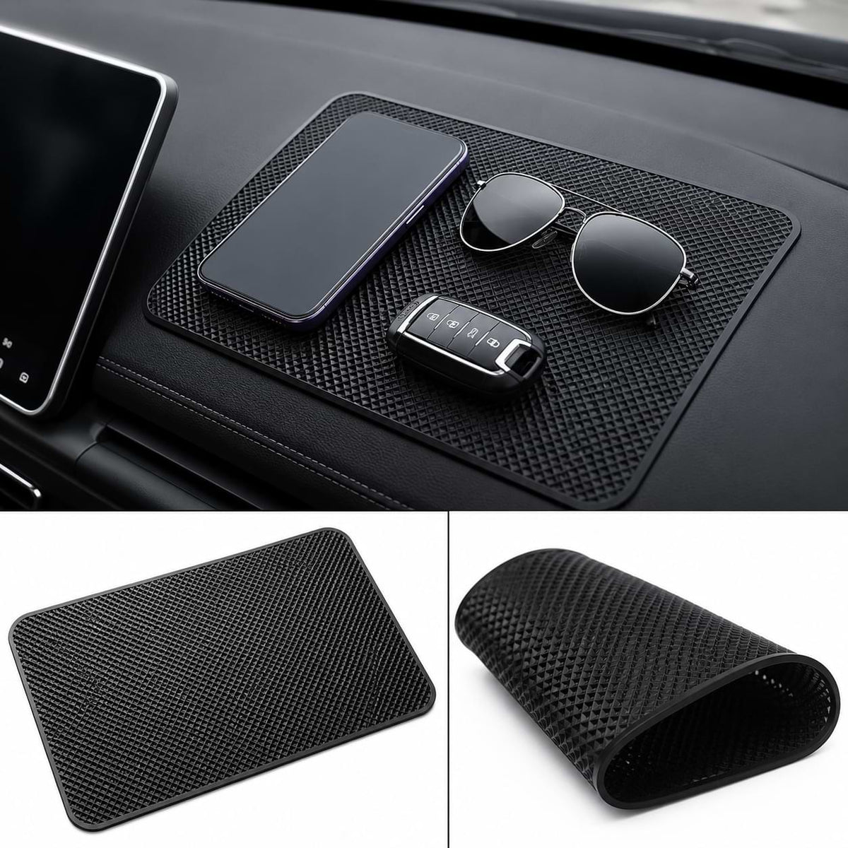 Black anti-slip dashboard mat inside a BYD car holding smartphone, sunglasses, and car key securely