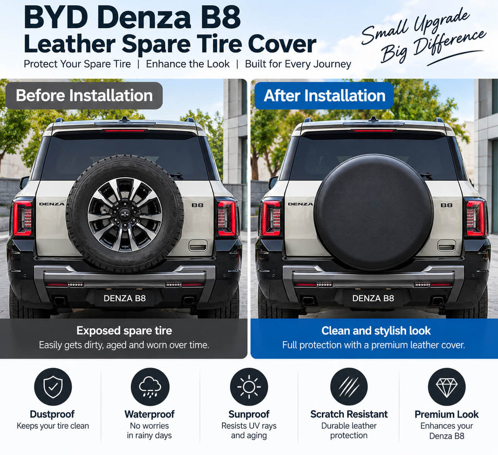 BYD Denza B8 Leather Spare Tire Cover Before and After Installation