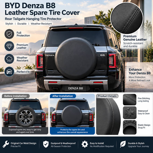 Premium leather spare tire cover for BYD Denza B8, designed to protect the rear-mounted spare tire from dust, rain, sunlight, scratches, and everyday wear while giving the vehicle a cleaner appearance.