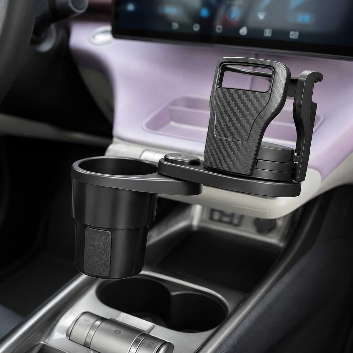 BYD Dolphin 360° rotating cup holder expander with mobile phone holder installed in vehicle center console