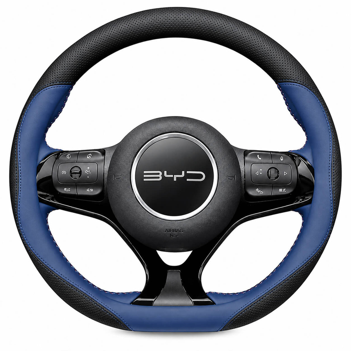 Black leather steering wheel cover installed on a BYD Dolphin with a 38cm Type D steering wheel.