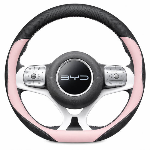 Black leather steering wheel cover installed on a BYD Dolphin with a 38cm Type D steering wheel. pink