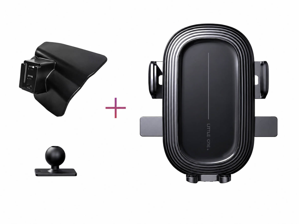 phone holder kit for BYD Dolphin featuring a custom-fit dashboard mount, fast wireless charger, USB Type-C cable, magnetic adapters, and metal ring.