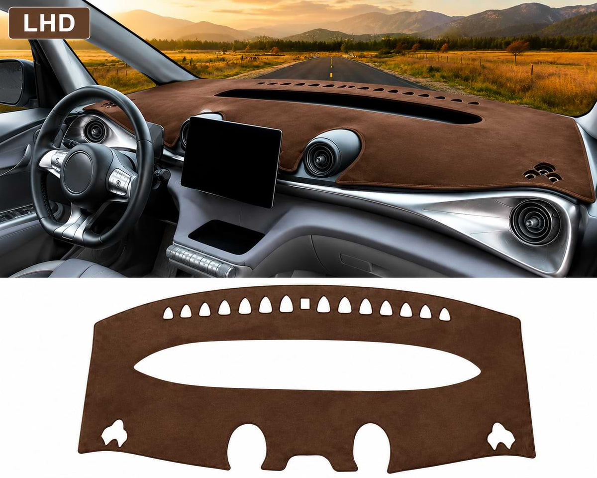 Black RHD dashboard cover installed in a BYD Dolphin interior with custom-fit anti-glare and anti-UV protection for 2021-2024 models.