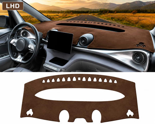 Black RHD dashboard cover installed in a BYD Dolphin interior with custom-fit anti-glare and anti-UV protection for 2021-2024 models.