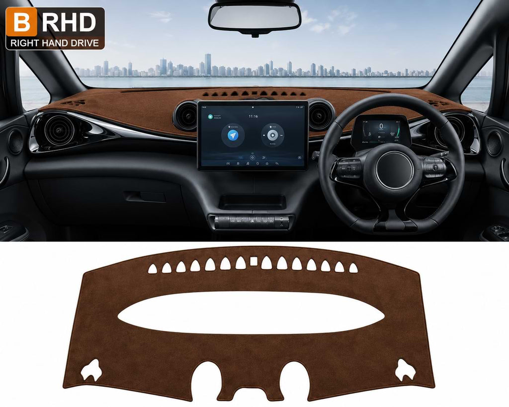 Black RHD dashboard cover installed in a BYD Dolphin interior with custom-fit anti-glare and anti-UV protection for 2021-2024 models.