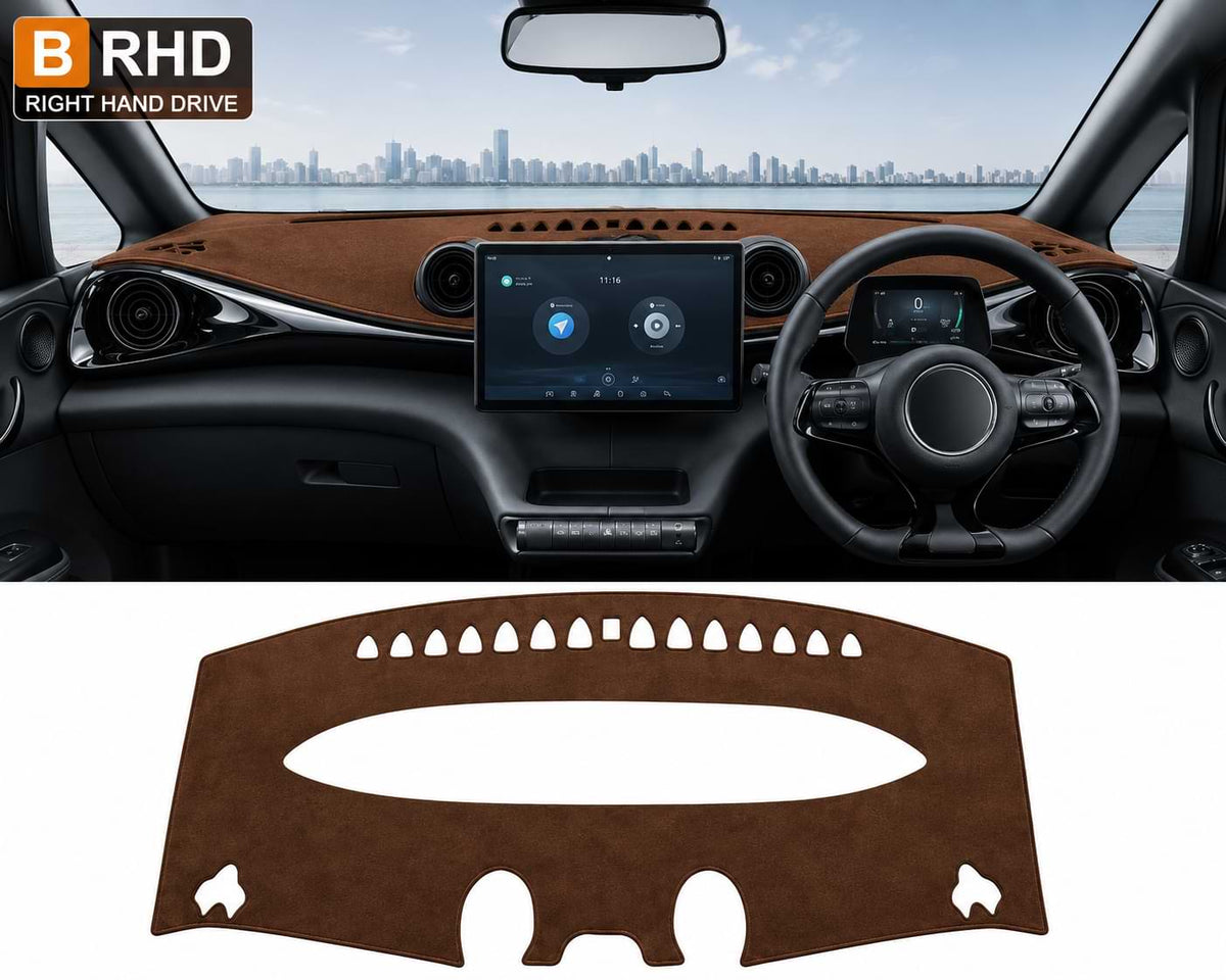 Black RHD dashboard cover installed in a BYD Dolphin interior with custom-fit anti-glare and anti-UV protection for 2021-2024 models.