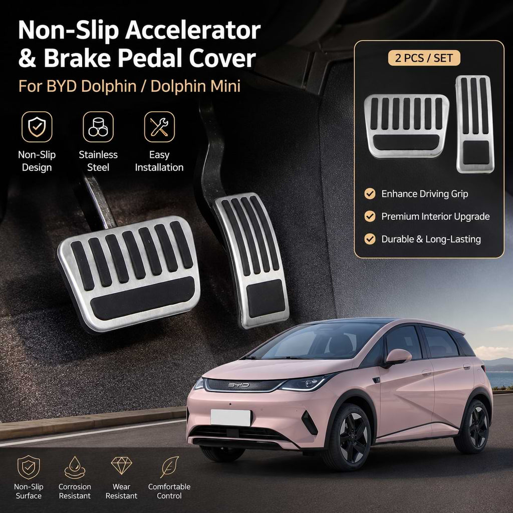 Stainless steel non-slip accelerator and brake pedal covers for BYD Dolphin (2021–2025) and BYD Dolphin Surf (2025+) with anti-slip rubber inserts.