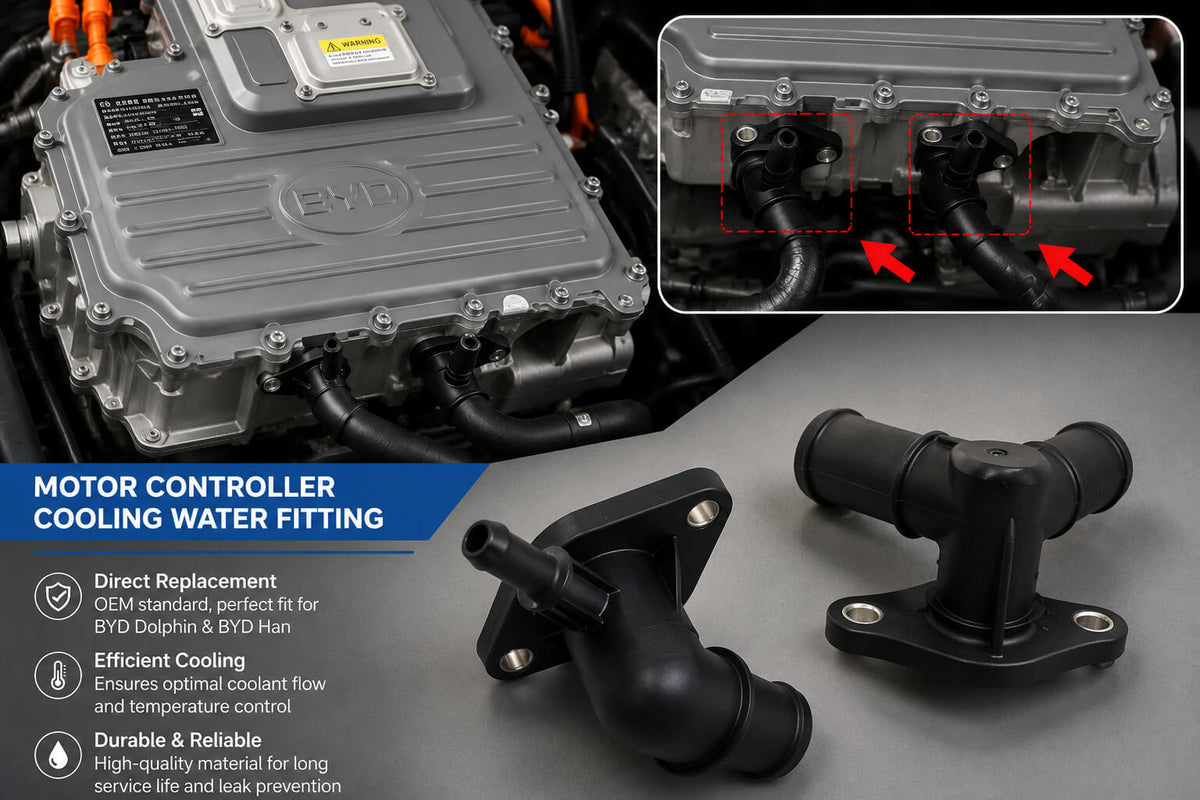 Motor controller cooling water fitting installed on the BYD Dolphin and BYD Han inverter cooling system with highlighted coolant connection points.