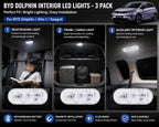 BYD Dolphin magnetic rechargeable LED interior lights showing rear reading, trunk cargo lighting, and cabin auxiliary lighting.