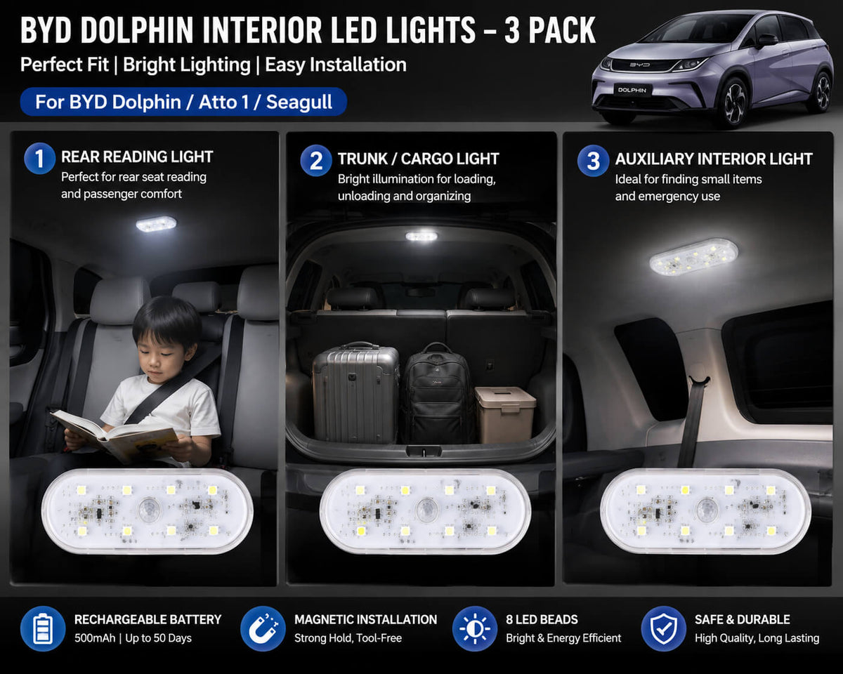 BYD Dolphin magnetic rechargeable LED interior lights showing rear reading, trunk cargo lighting, and cabin auxiliary lighting.