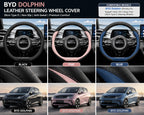 BYD Dolphin leather steering wheel covers in black, blue, and pink with compatible BYD vehicle models.