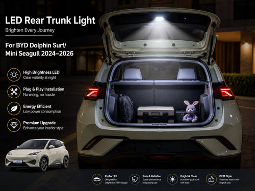 BYD Dolphin Surf, Dolphin Mini and Seagull LED rear trunk light illuminating the cargo area at night