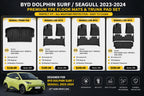 Comparison collage showing BYD Dolphin Surf / SEAGULL 2023–2024 TPE floor mat and trunk pad options, including Trunk Pad, LHD 3PCS, LHD 4PCS, and LHD 5PCS sets.
