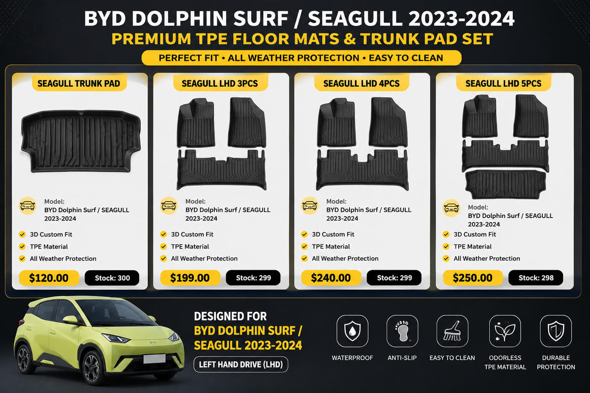 Comparison collage showing BYD Dolphin Surf / SEAGULL 2023–2024 TPE floor mat and trunk pad options, including Trunk Pad, LHD 3PCS, LHD 4PCS, and LHD 5PCS sets.