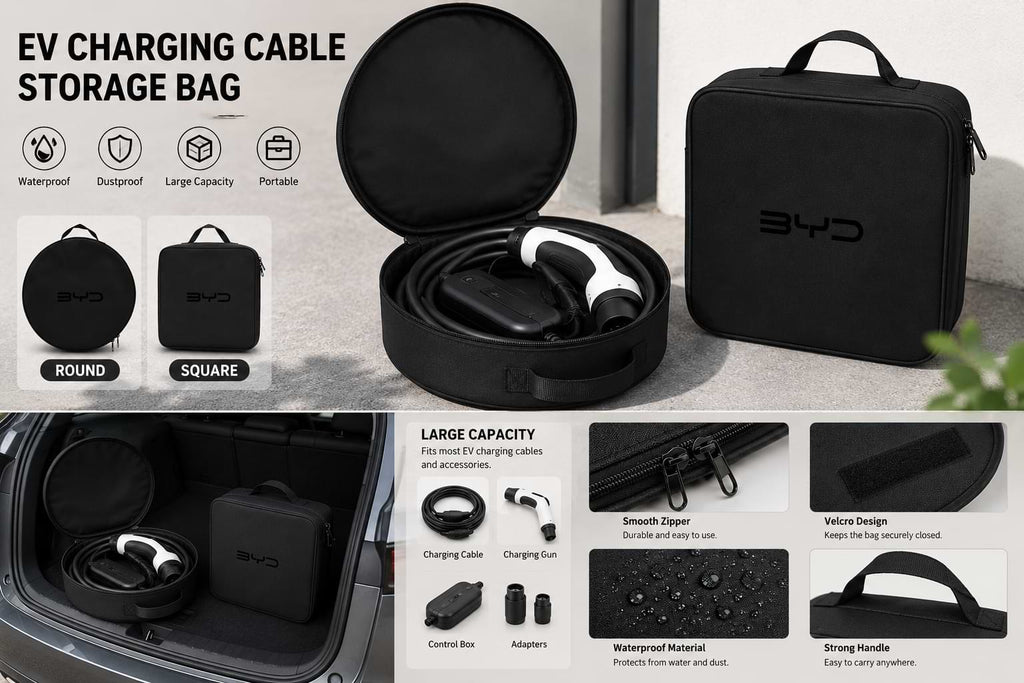 Black square byd ev  charging cable storage bag with carry handle and zipper closure