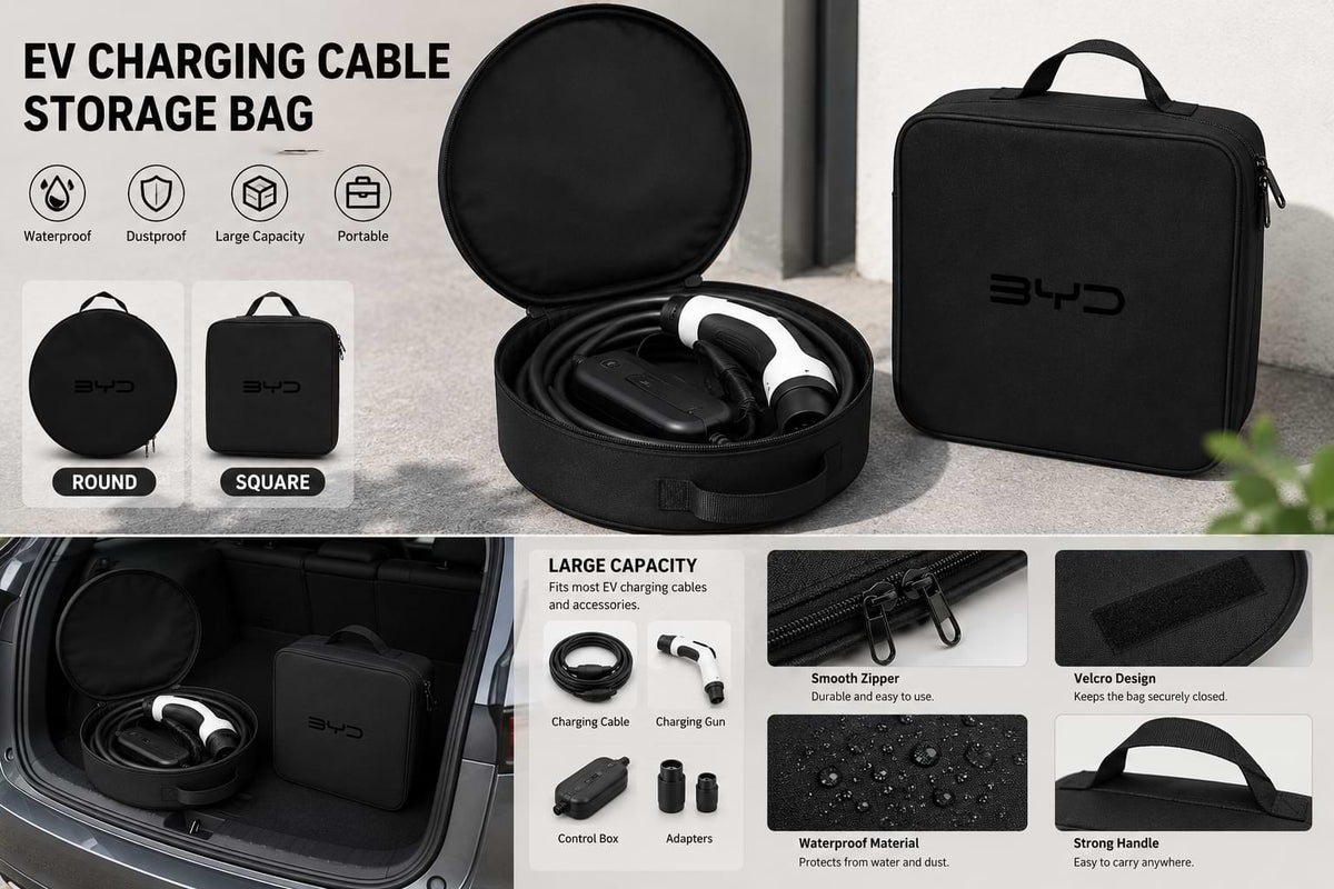 Black square byd ev  charging cable storage bag with carry handle and zipper closure